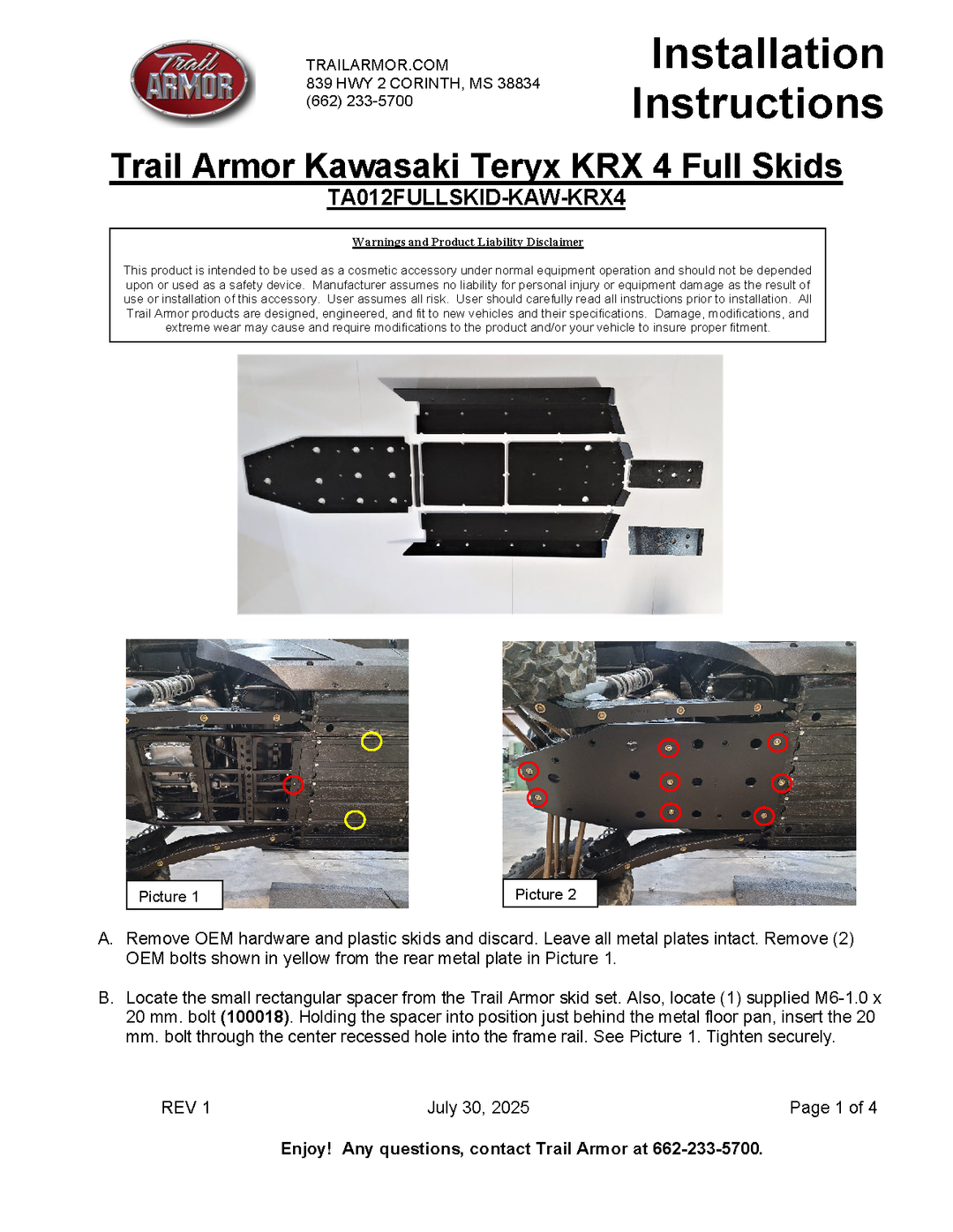 Trail Armor 2023 - 2026 Kawasaki 4 KRX 1000 (all editions) Full Skids with Integrated Side Skid Plates